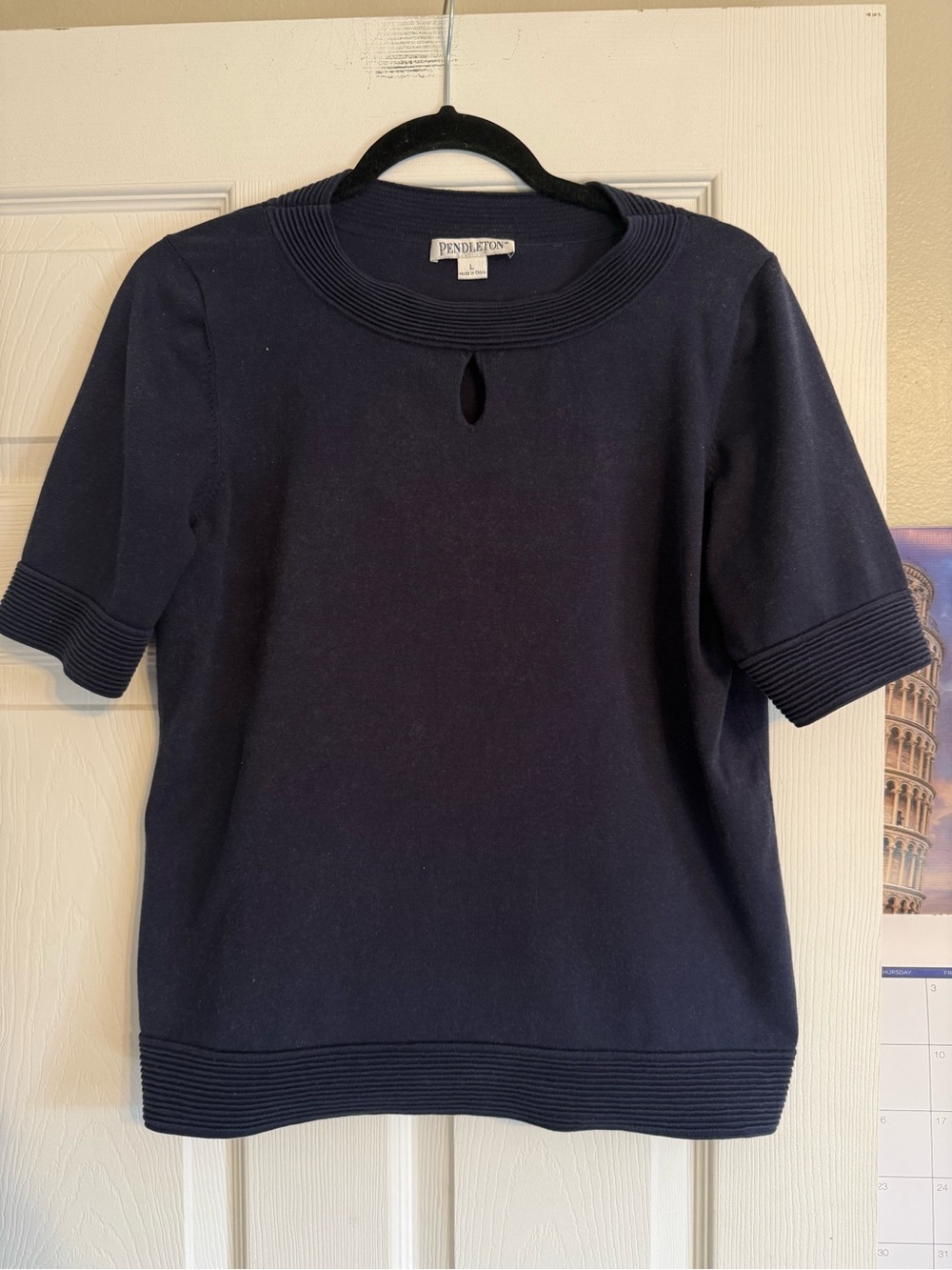 Pendleton Dark Navy Short Sleeve Top with Ribbed Neckline
